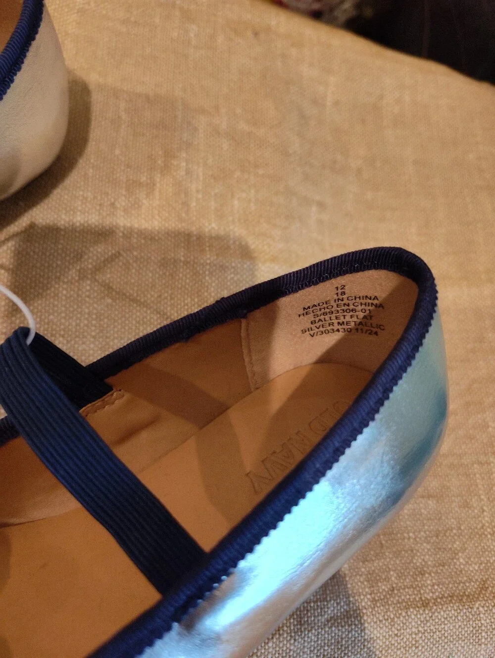 Silver Metallic Ballet Flats with Navy Trim